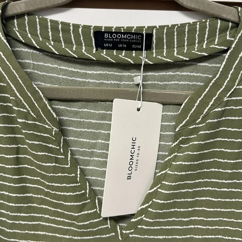 Bloomchic Striped Summer V Short Flowy Swing Casual Neck Short Sleeve (Green Sz - Picture 2 of 11